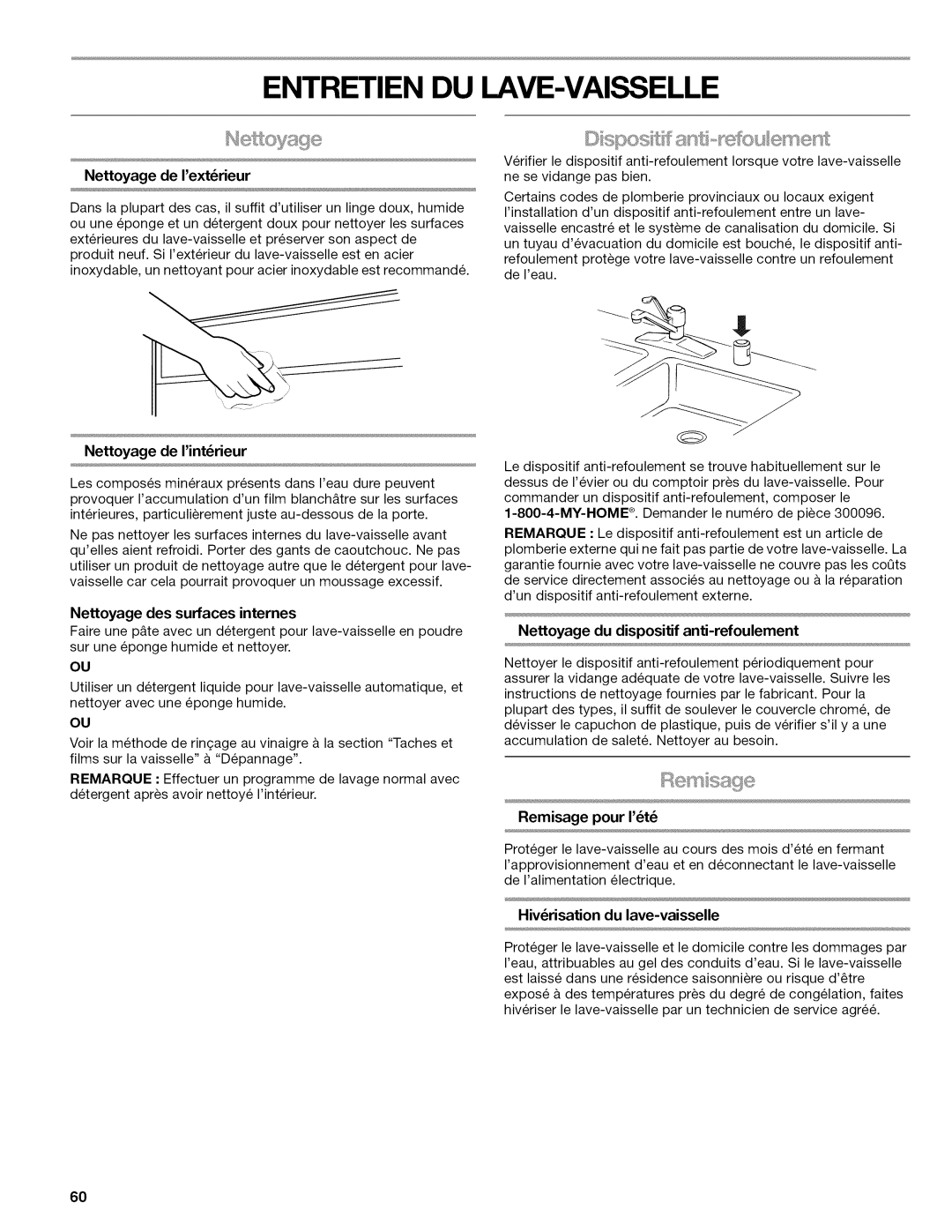 Kenmore 665.1622 manual Entretien DU LAVE-VAISSELLE, Nettoyage de Iintrieur, Remisage pour It 