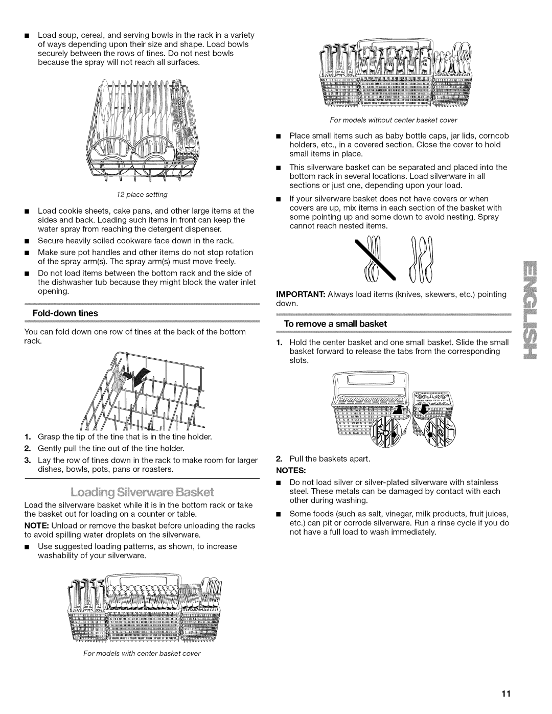 Kenmore 665.1622 manual To remove a small basket, Fold-downtines, Notes 