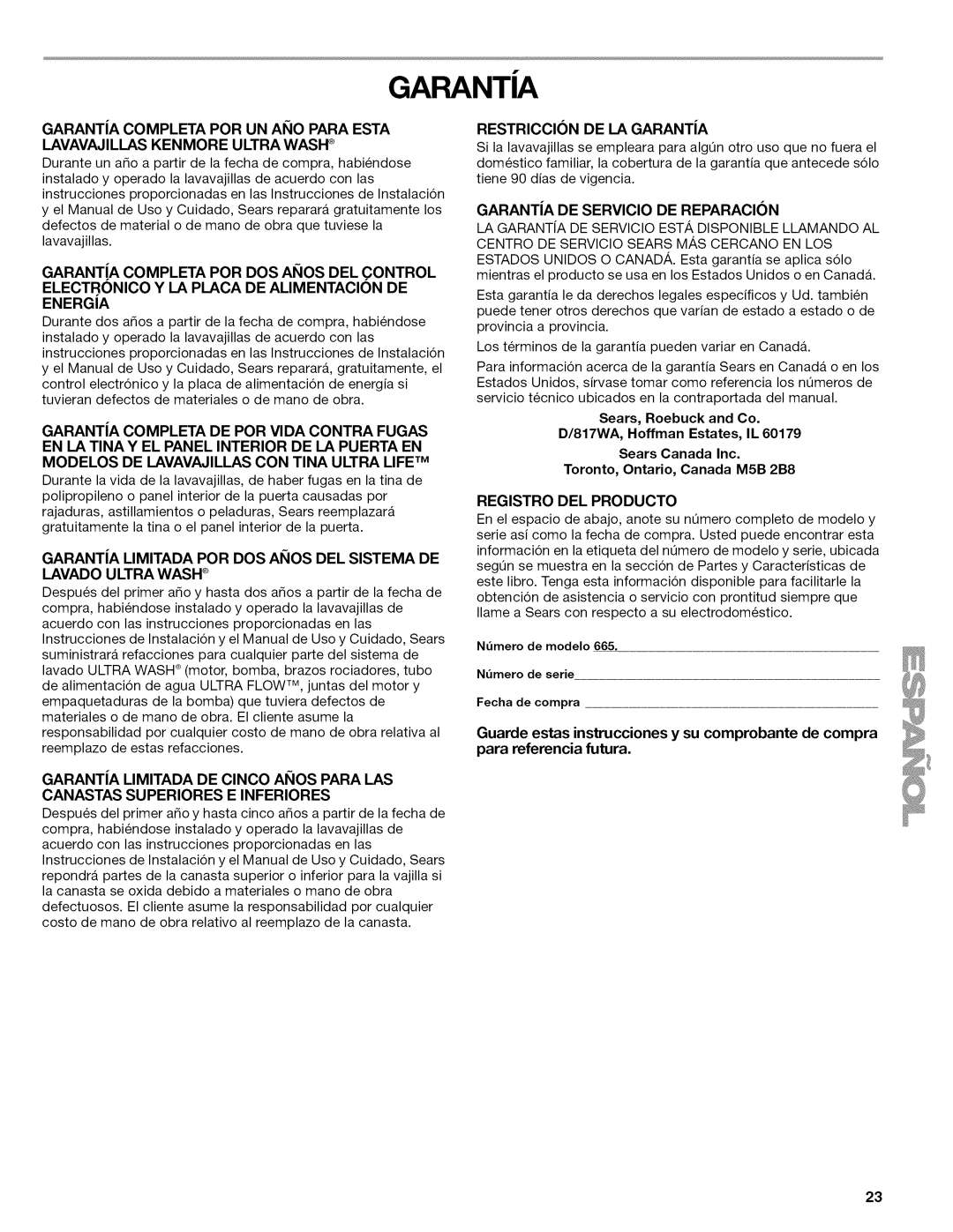 Kenmore 665.1622 manual GARANTiA COMPLETA POR DOS AI_IOS DEL CONTROL, Electronico Y La Placa De Alimentacion De Energia 