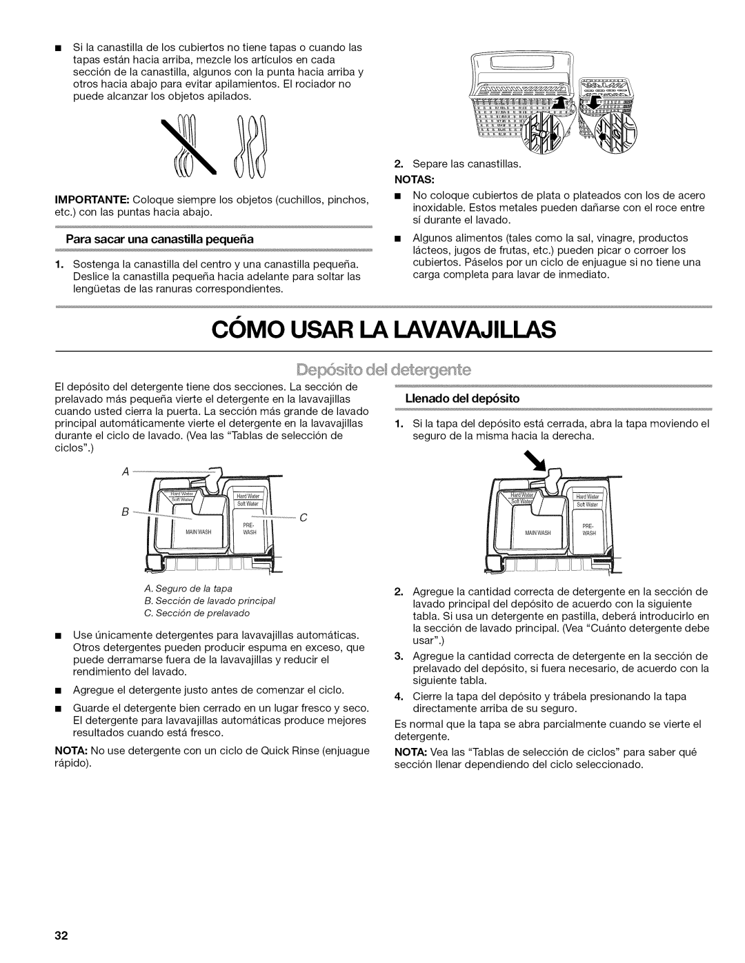 Kenmore 665.1622 manual Como Usar La Lavavajillas, Llenado del depbsito 