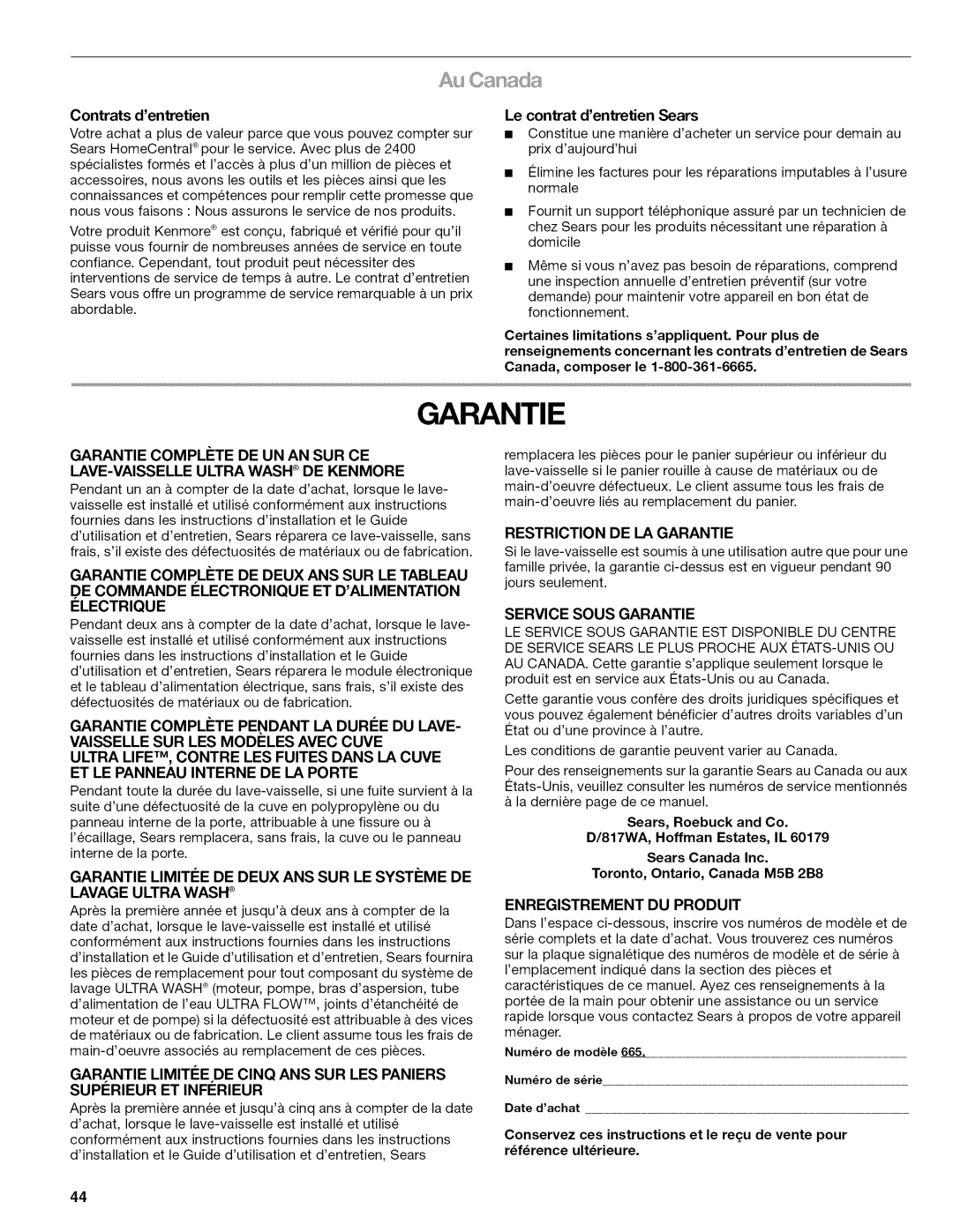 Kenmore 665.1622 manual Contrats dentretien, Le contrat dentretien Sears, Garantie Compl#Te De Deux Ans Sup Le Tableau 