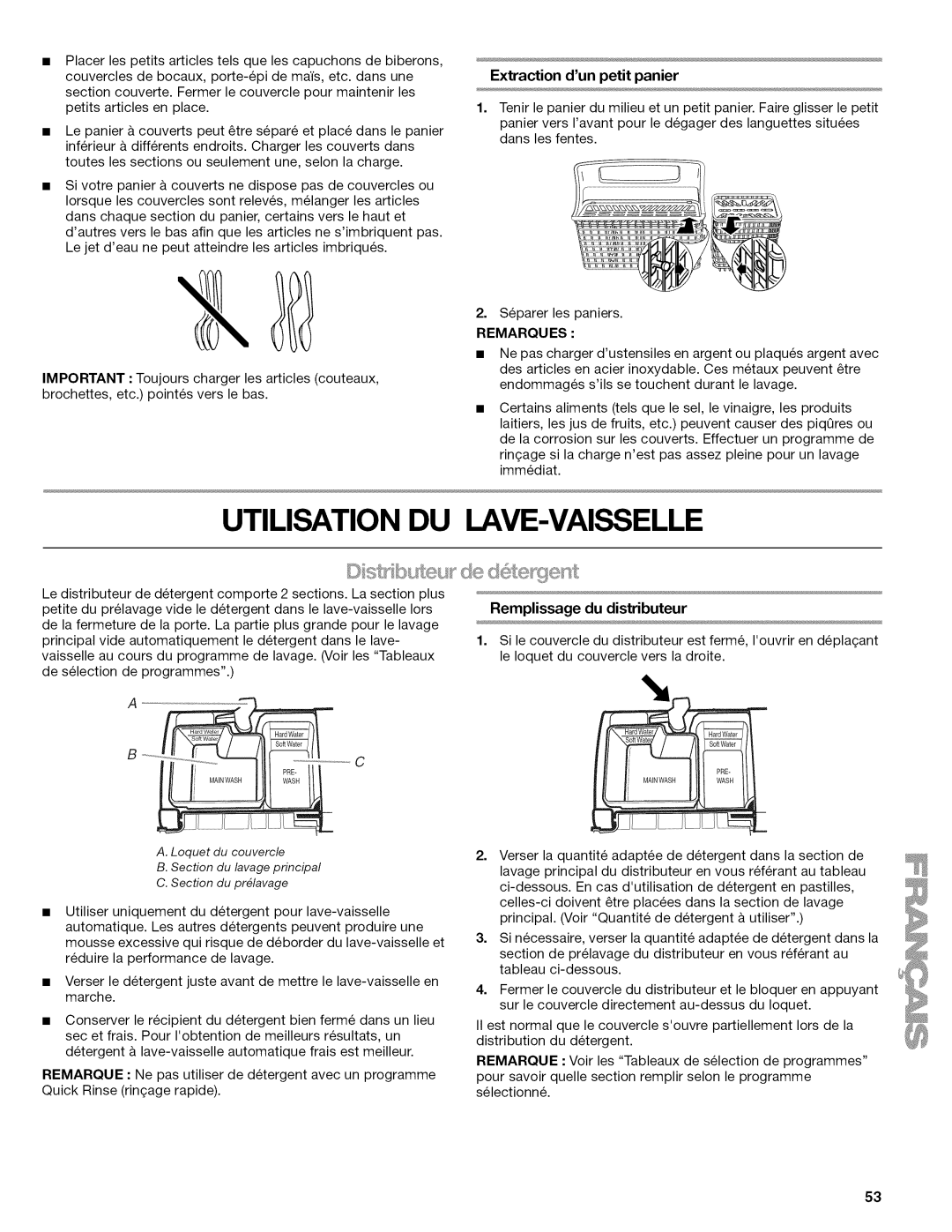 Kenmore 665.1622 manual Utilisation Du Lave-Vaisselle, Extraction dunpetit panier, Remarques 