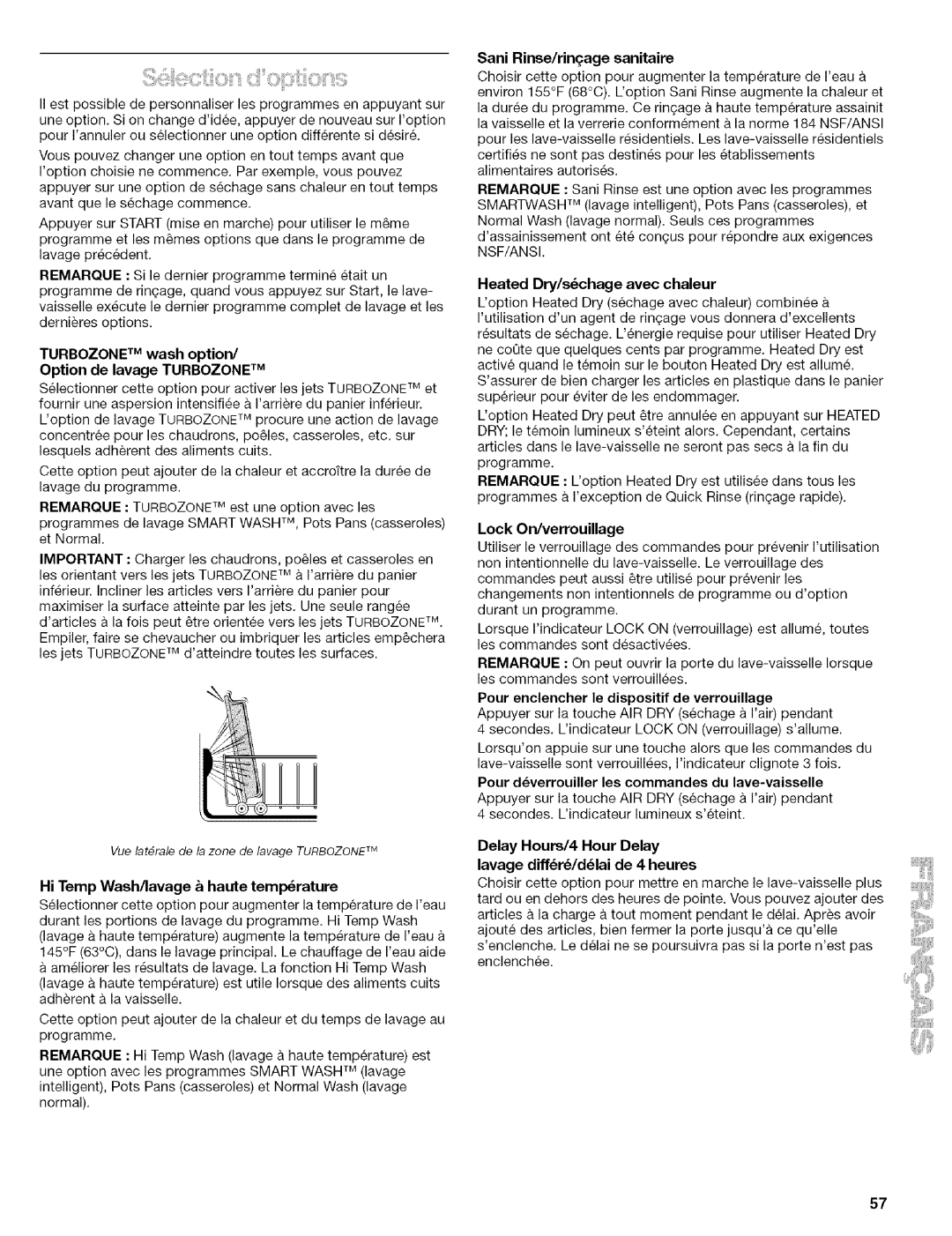 Kenmore 665.1628, 665.1629 Turbozone TM wash option Option de lavage Turbozone TM, Hi Temp Wash/lavage haute temperature 