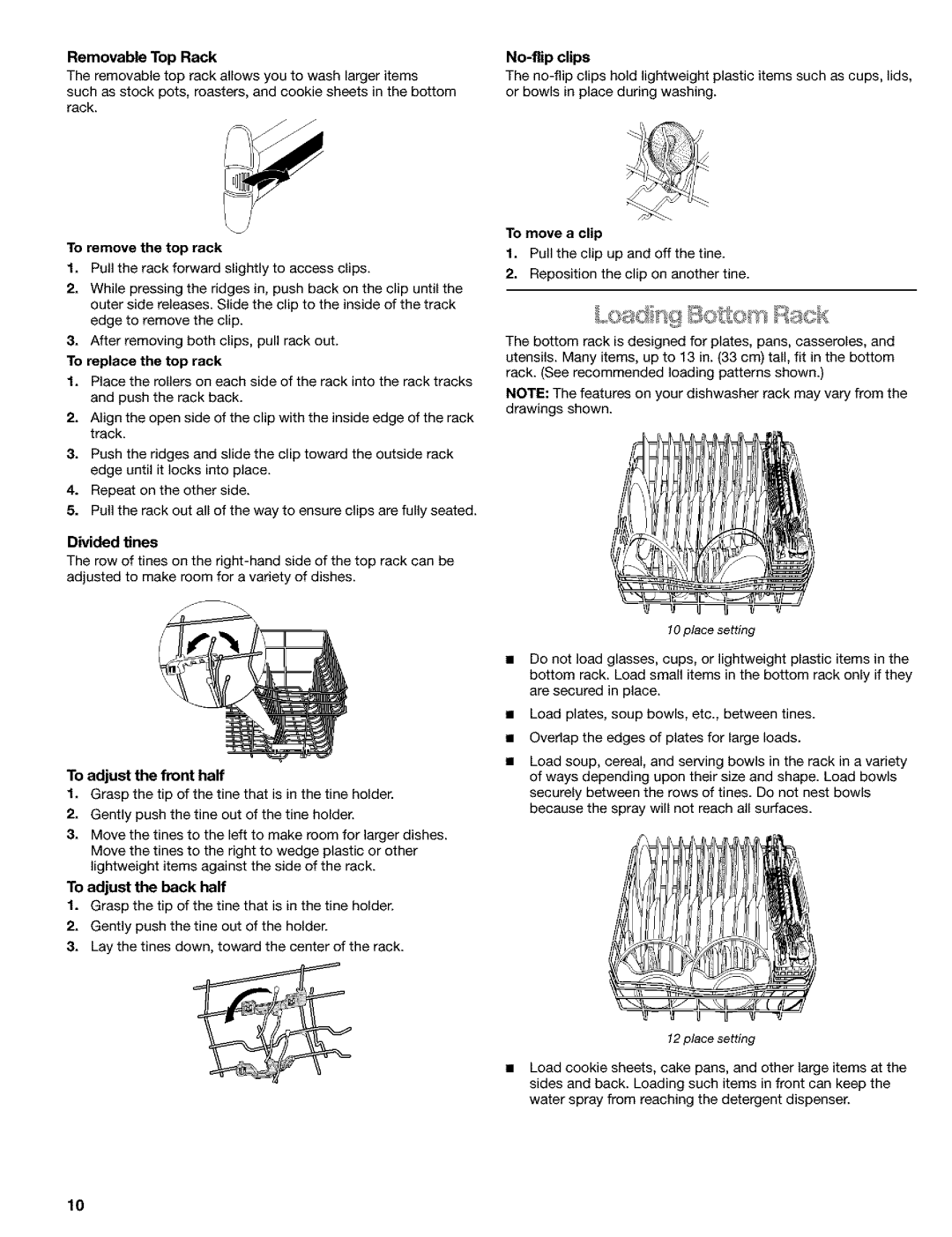 Kenmore 665.1649 manual Removable Top Rack, To replace the top rack, Divided tines, To adjust the front half, No-flip clips 