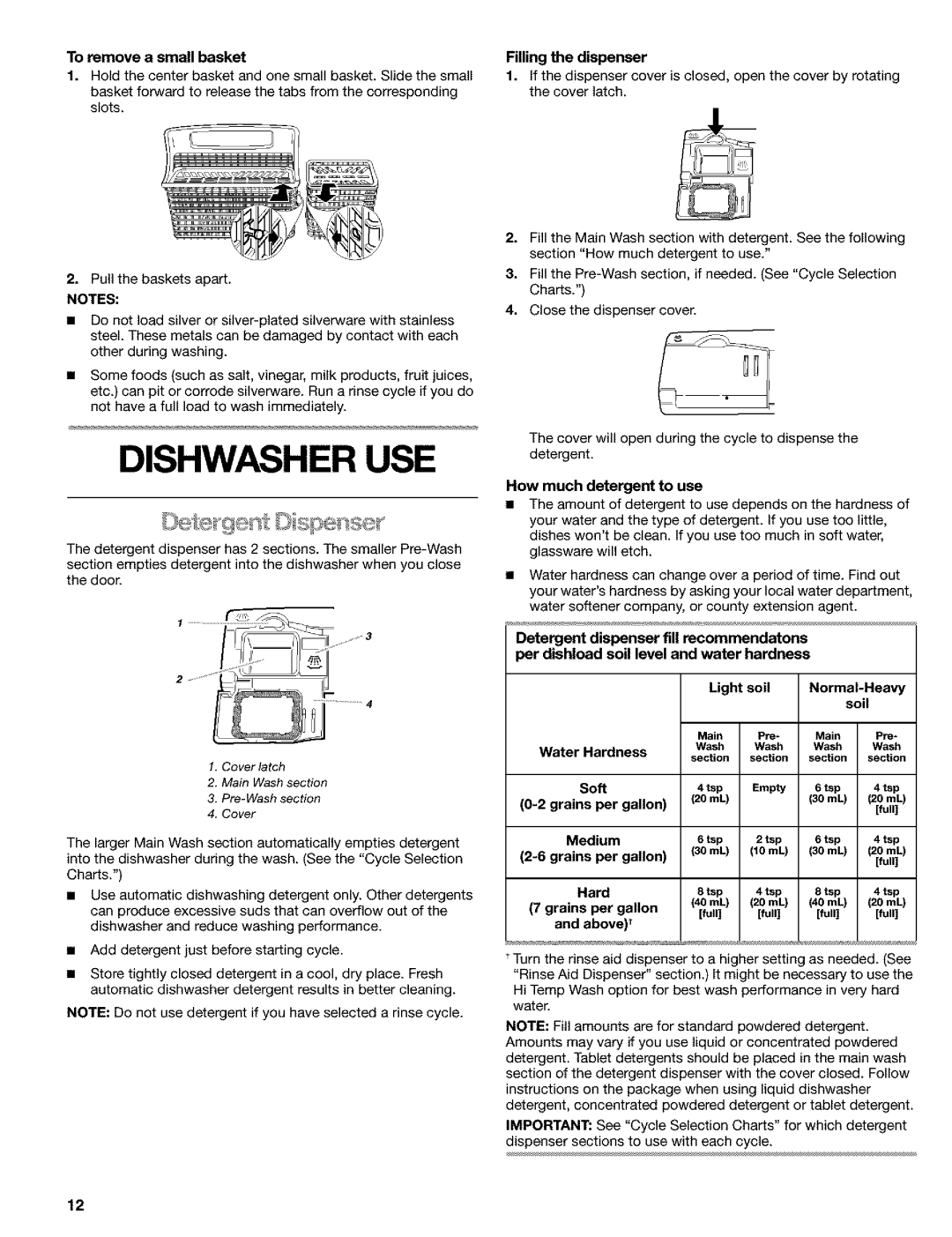 Kenmore 665.1648, 665.1649, 665.1748 Dishwasher USE, Filling the dispenser, How much detergent to use, Grains per gallon 