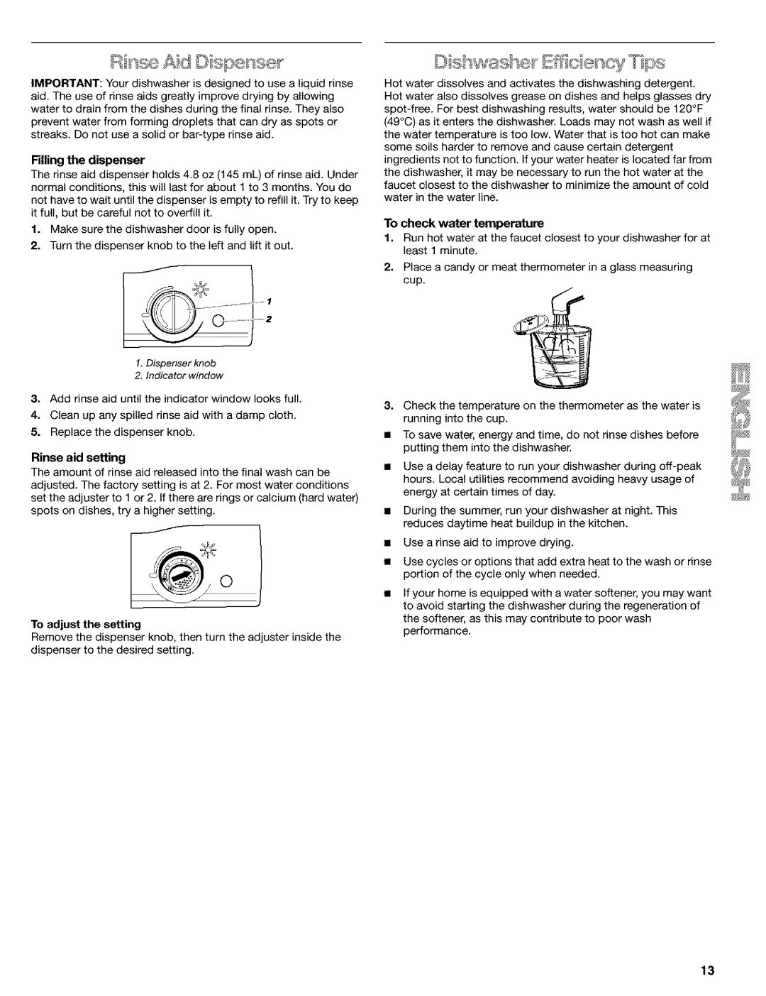 Kenmore 665.1649, 665.1648, 665.1748 manual Rinse aid setting, To adjust the setting, To check water temperature 