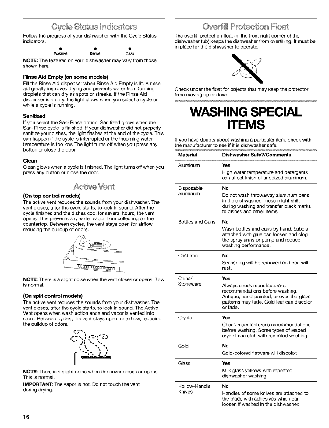 Kenmore 665.1649, 665.1648, 665.1748 manual Washing Special Items 