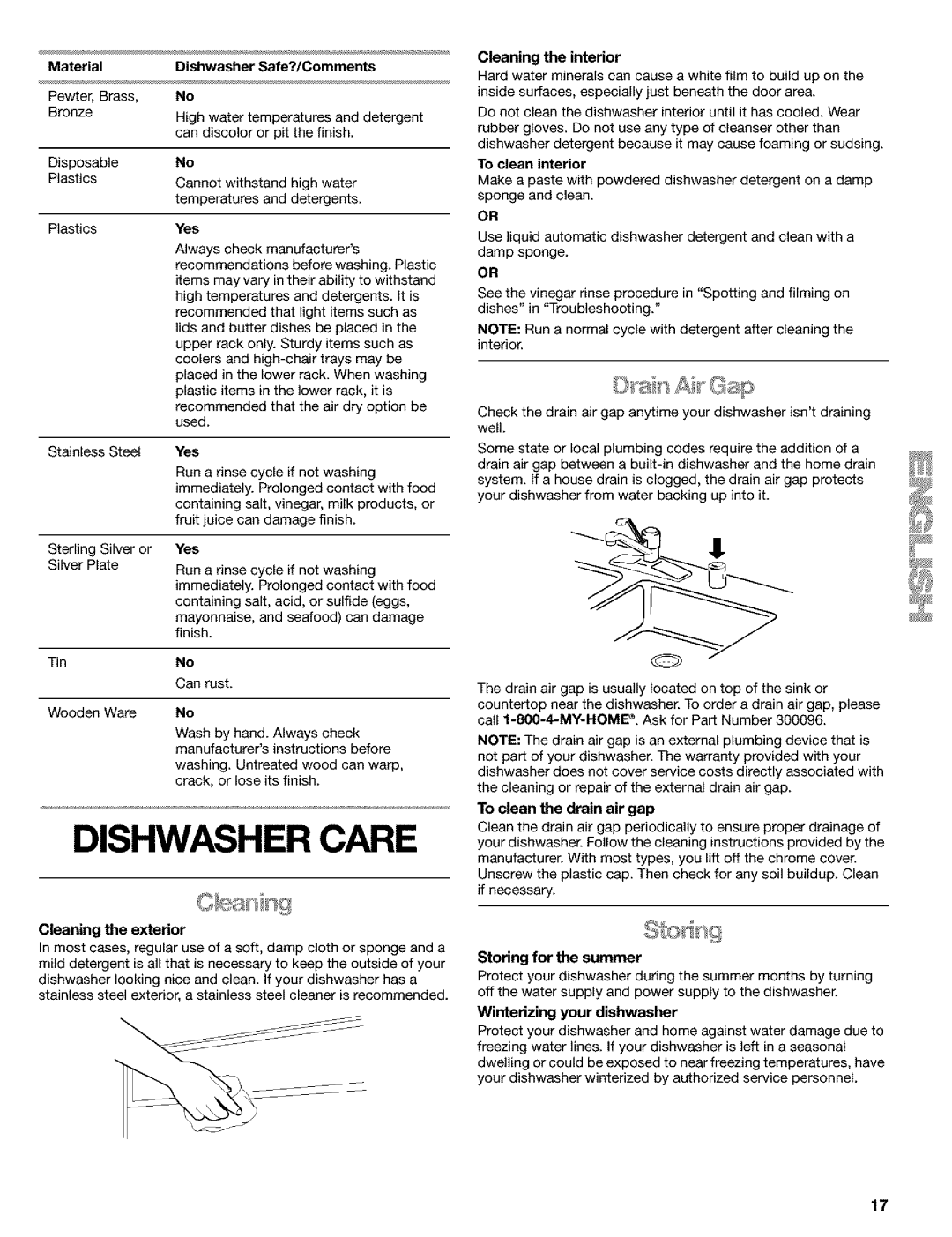 Kenmore 665.1748, 665.1648, 665.1649 manual Dishwasher Care 