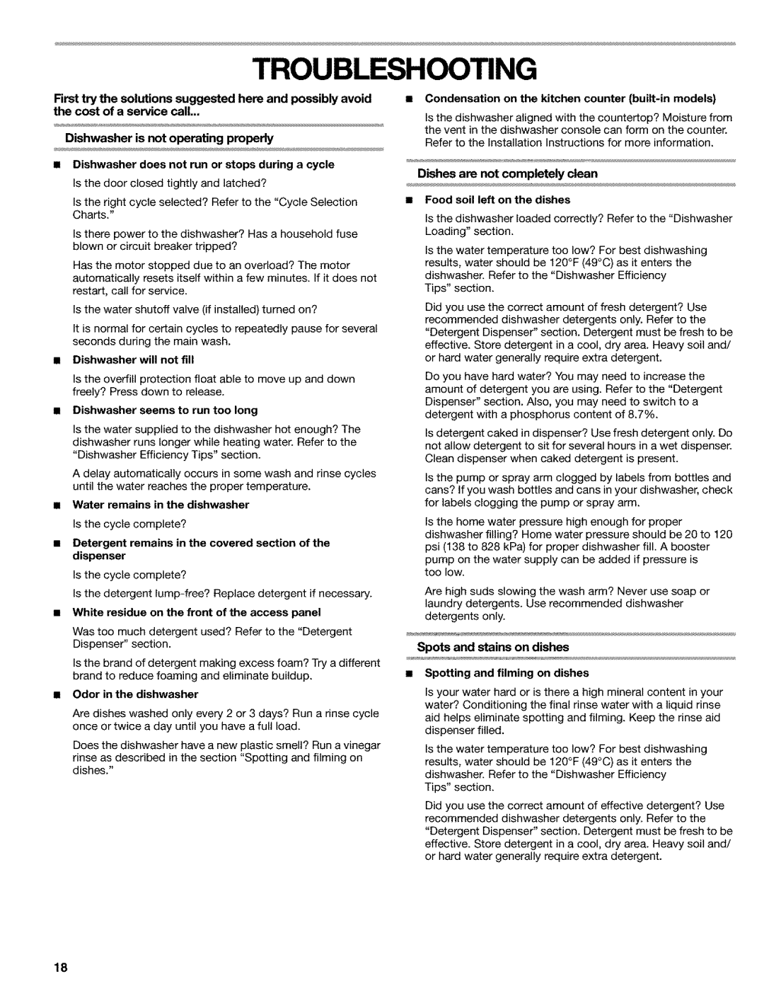 Kenmore 665.1648, 665.1649, 665.1748 manual Troubleshooting 