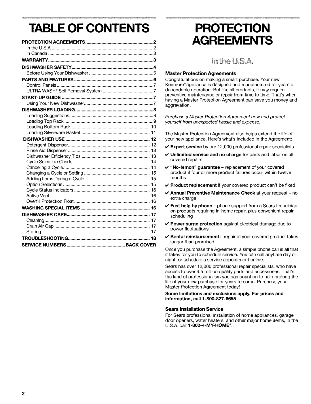 Kenmore 665.1748, 665.1648, 665.1649 manual Table of Contents, Protection Agreements 