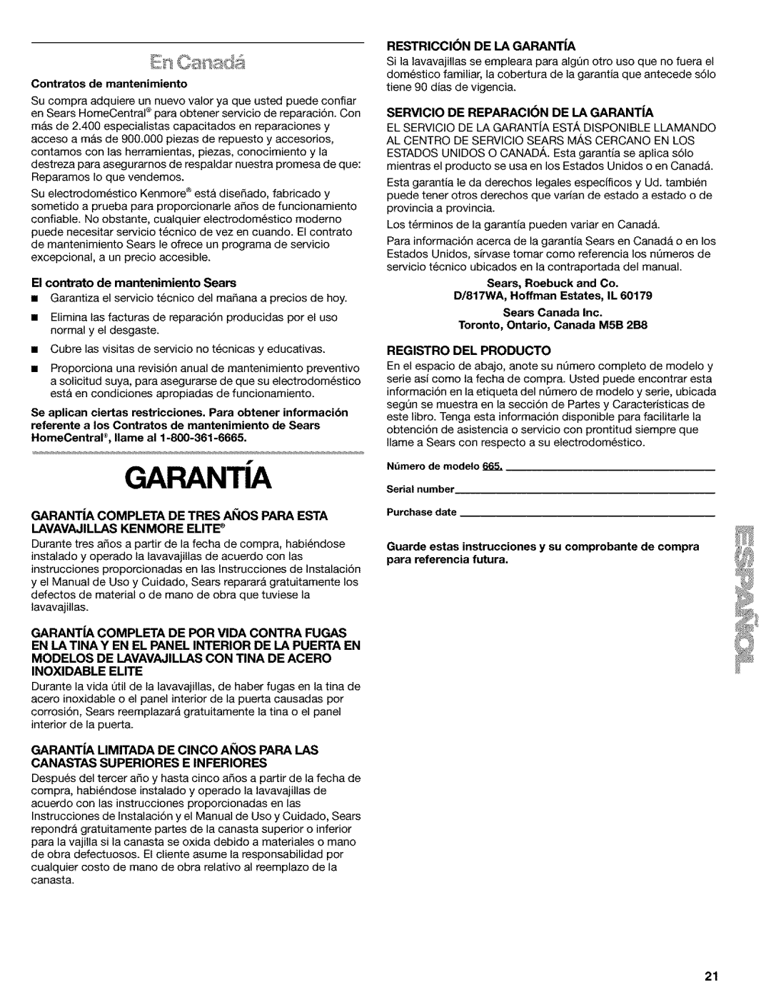 Kenmore 665.1648, 665.1649, 665.1748 manual Restriccion DE LA Garanta, Registro DEL Producto 