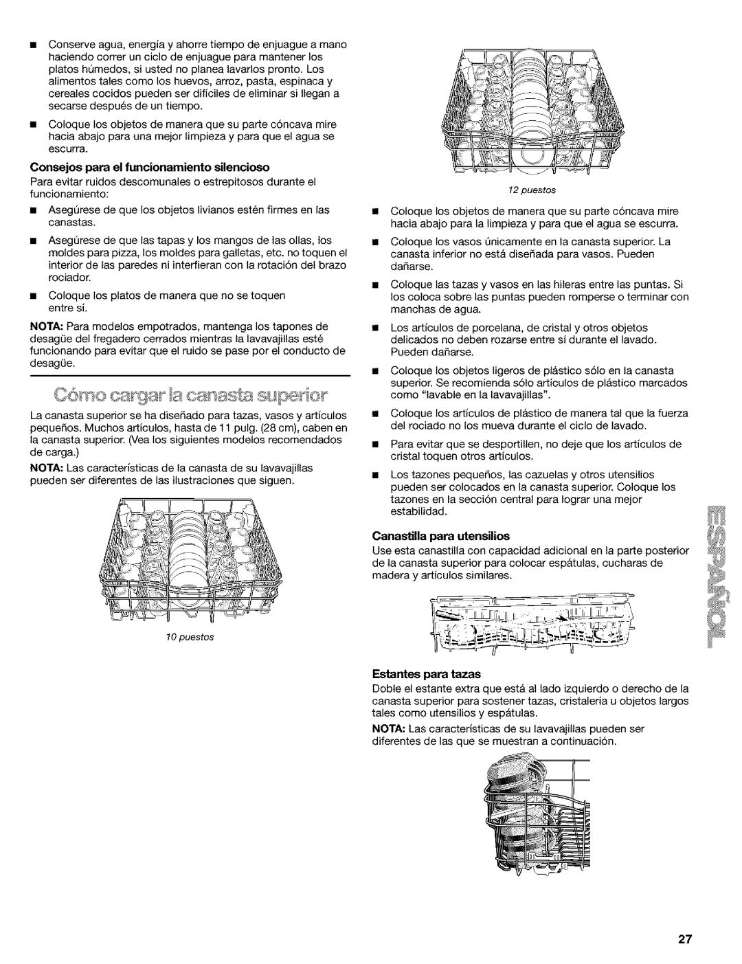 Kenmore 665.1648, 665.1649 manual Consejos para el funcionamiento silencioso, CanastiUa para utensilios, Estantes para tazas 