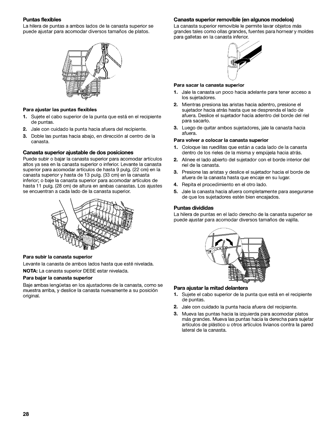 Kenmore 665.1649 manual Puntas flexibles, Para ajustar las puntas flexibles, Canasta superior ajustable de dos posiciones 