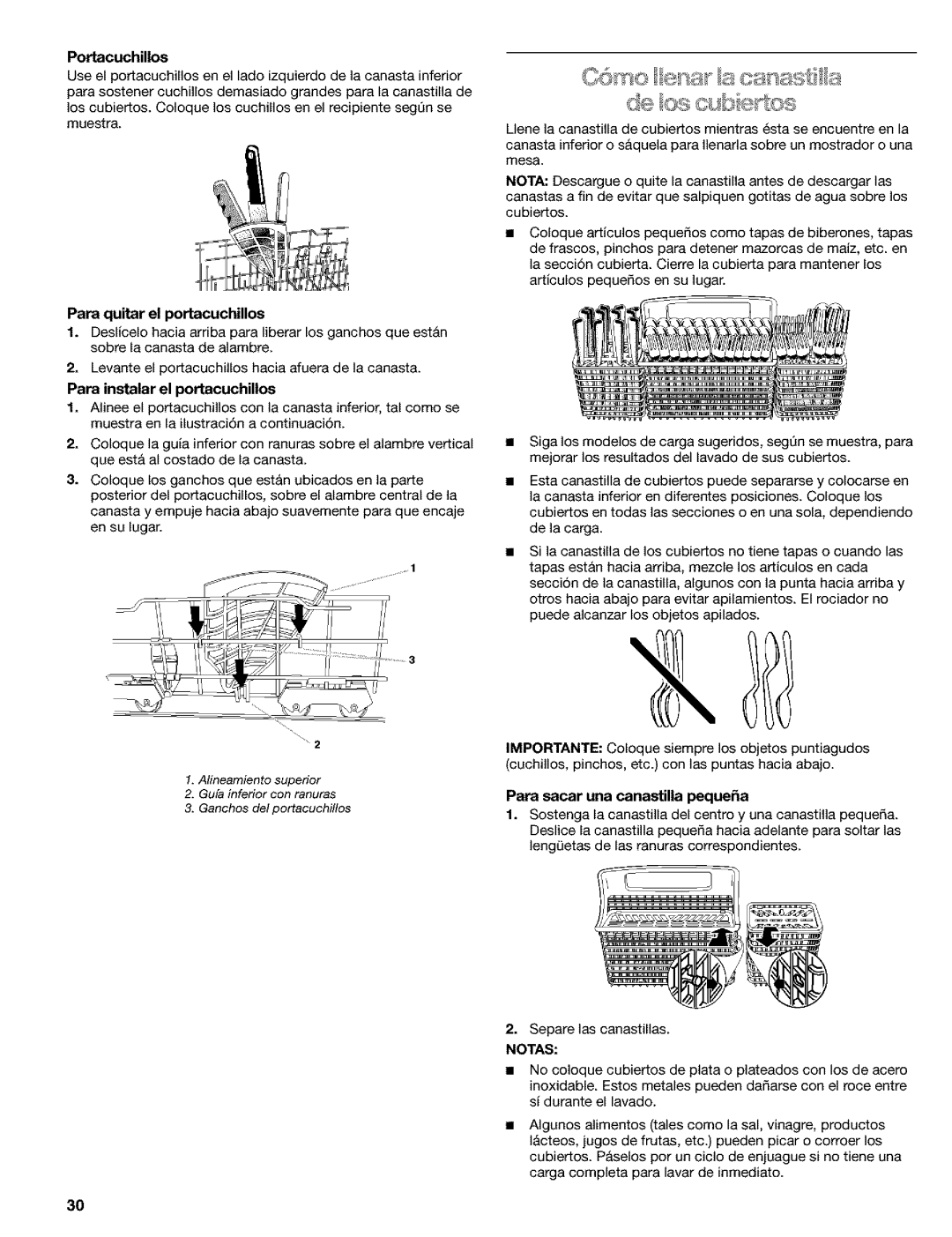 Kenmore 665.1648, 665.1649, 665.1748 Portacuchillos, Para quitar el portacuchillos, Para instalar el portacuchillos, Notas 
