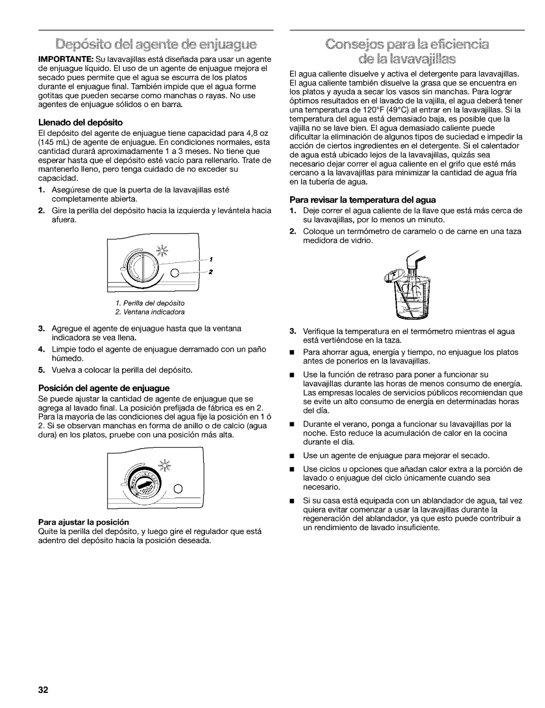 Kenmore 665.1748, 665.1648, 665.1649 manual Llenado del dep6sito, Posicibn del agente de enjuague, Para ajustar la posici6n 