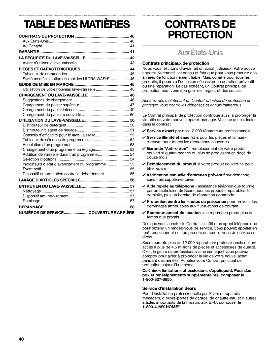 Kenmore 665.1649, 665.1648, 665.1748 manual Table DES Matii RES, Contrats DE Protection 