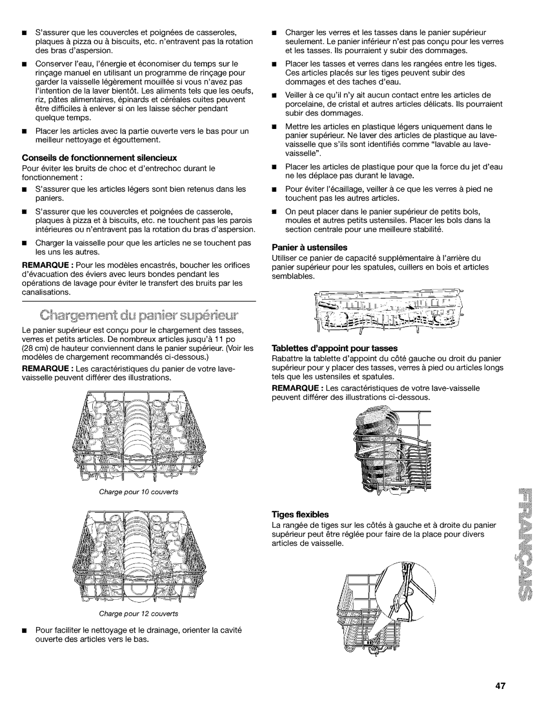 Kenmore 665.1748, 665.1648 manual Conseils de fonctionnement silencieux, Panier b ustensiles, Tablettes dappoint pour tasses 