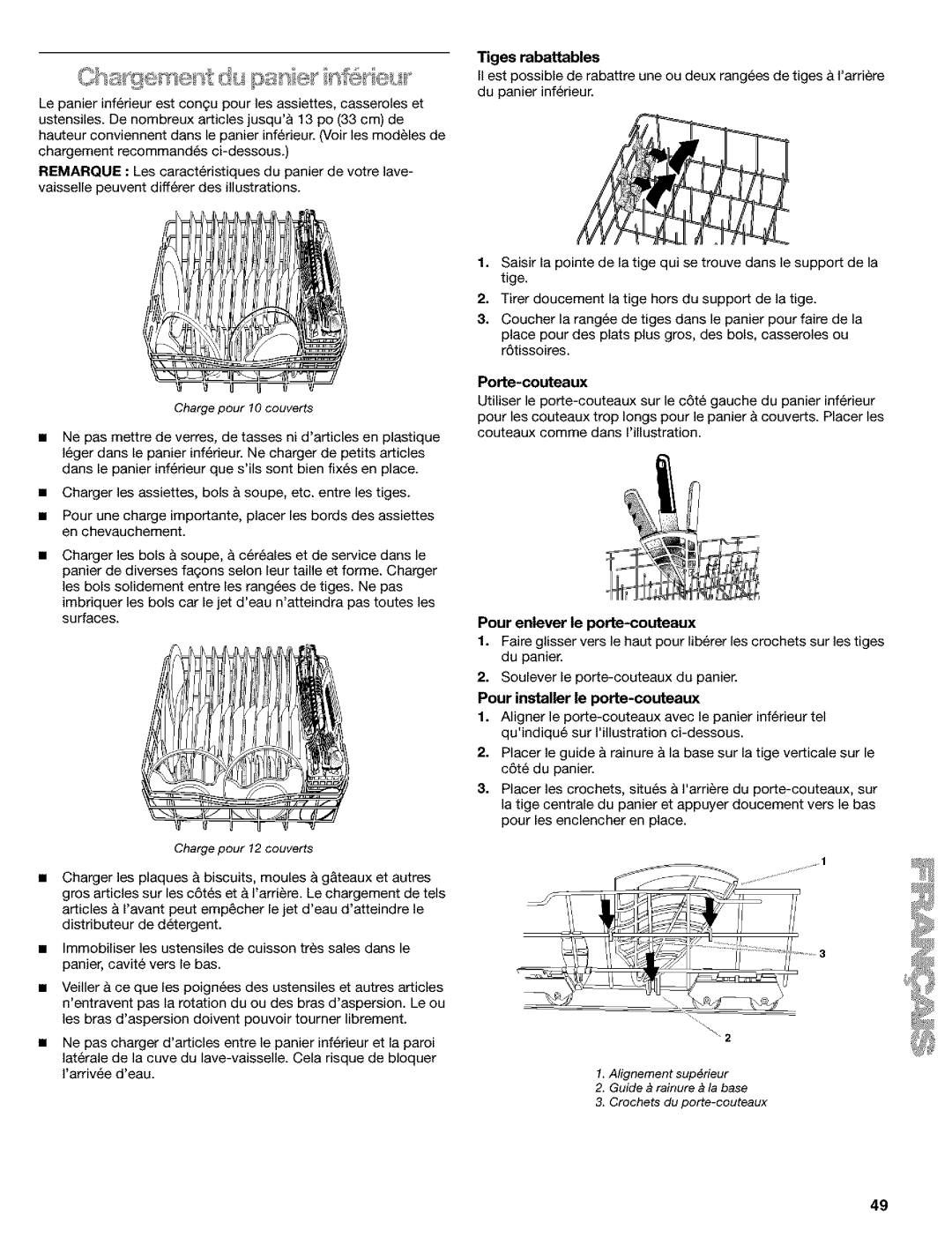 Kenmore 665.1649 manual Riges rabattables, Porte-couteaux, Pour enlever le porte-couteaux, Pour installer le porte-couteaux 