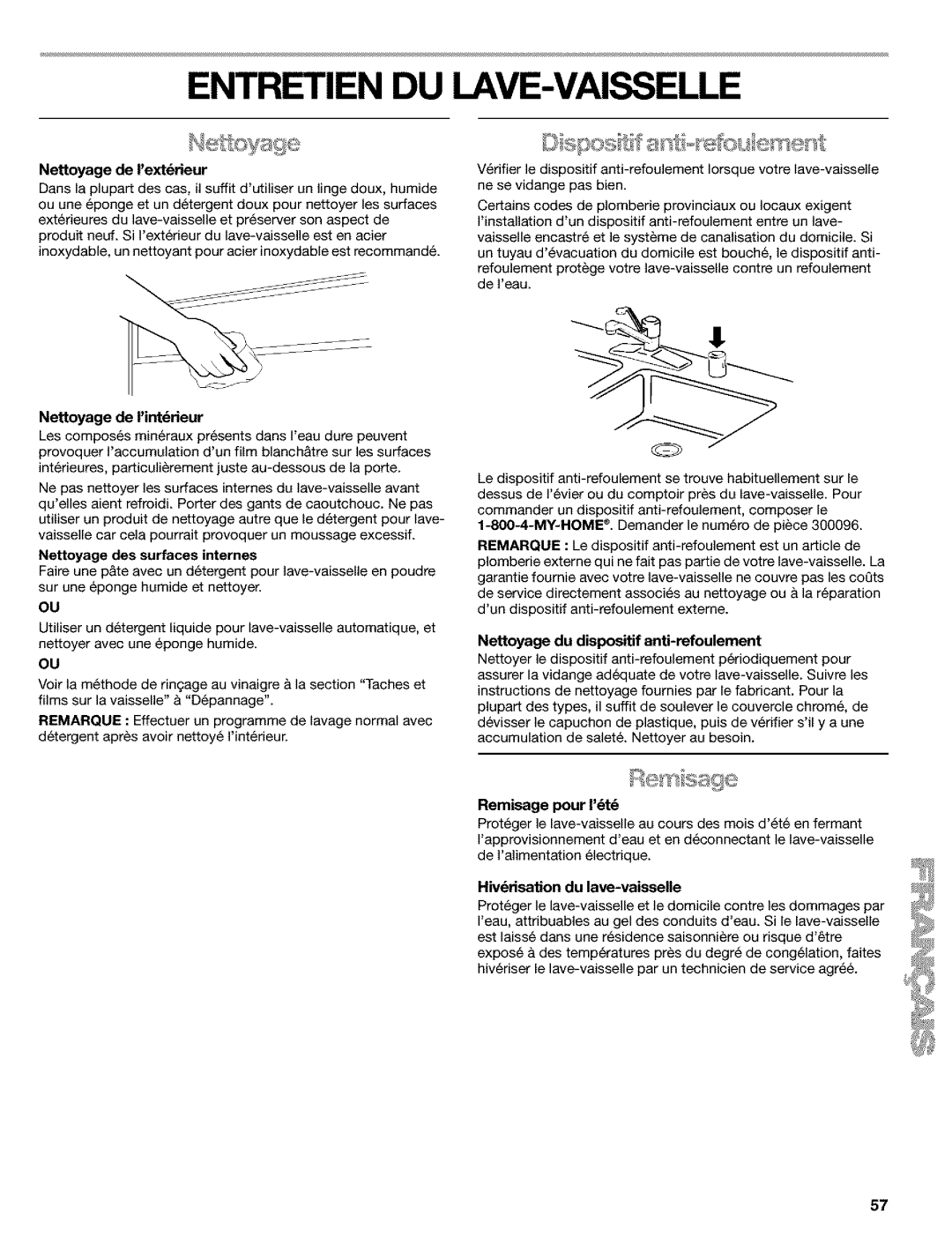 Kenmore 665.1648, 665.1649, 665.1748 manual Entretien DU LAVE-VAISSELLE 