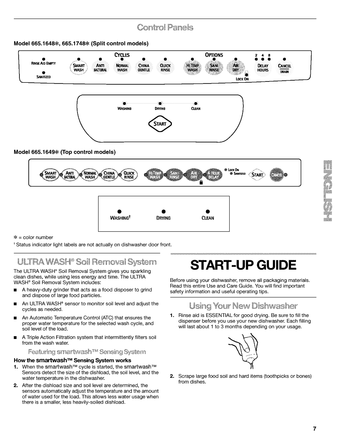 Kenmore 665.1649 manual START-UP Guide, Model 665.1648#, 665.1748 Split control models, Cyclesoptions 