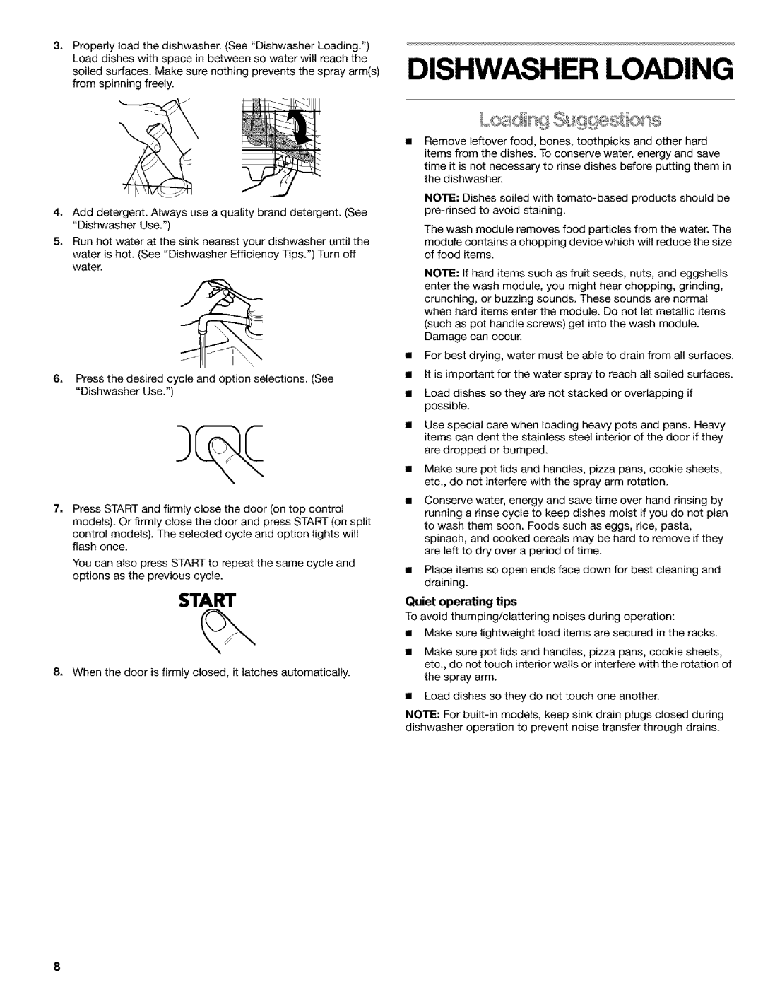 Kenmore 665.1748, 665.1648, 665.1649 manual Dishwasher Loading, Quiet operating tips 