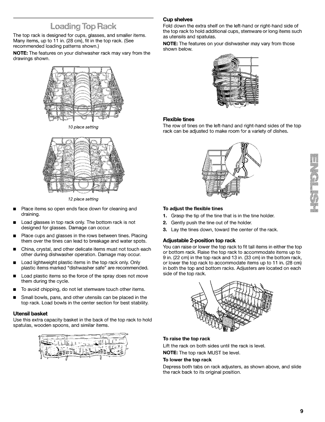 Kenmore 665.1648, 665.1649 Utensil basket, Flexible tines, To adjust the flexible tines, Adjustable 2-positon top rack 