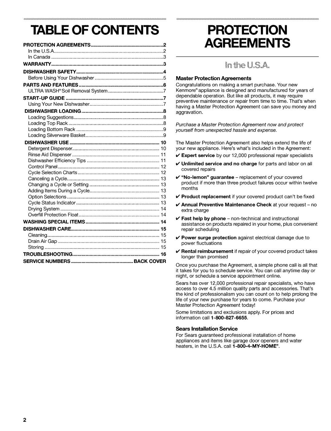 Kenmore 665.16522, 665.16529, 665.15522, 665.15529 manual Table of Contents 