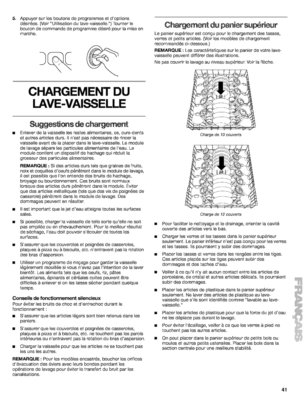 Kenmore 665.15522 manual SuggesUons de chargement, Chargement du partier sup rieur, Conseils de fonctionnement silencieux 