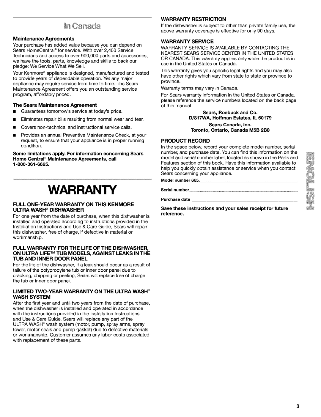 Kenmore 665.15529, 665.16529, 665.15522, 665.16522 manual Warranty, The Sears Maintenance Agreement 
