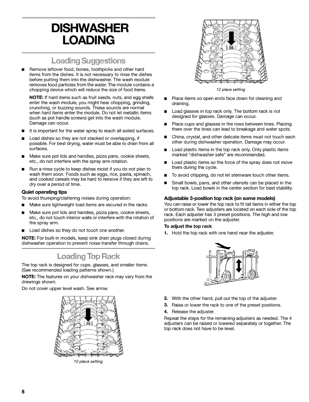 Kenmore 665.16529, 665.15522 manual Dishwasher Loading, Quiet operating tips, Adjustable 3-positiontop rack on some models 