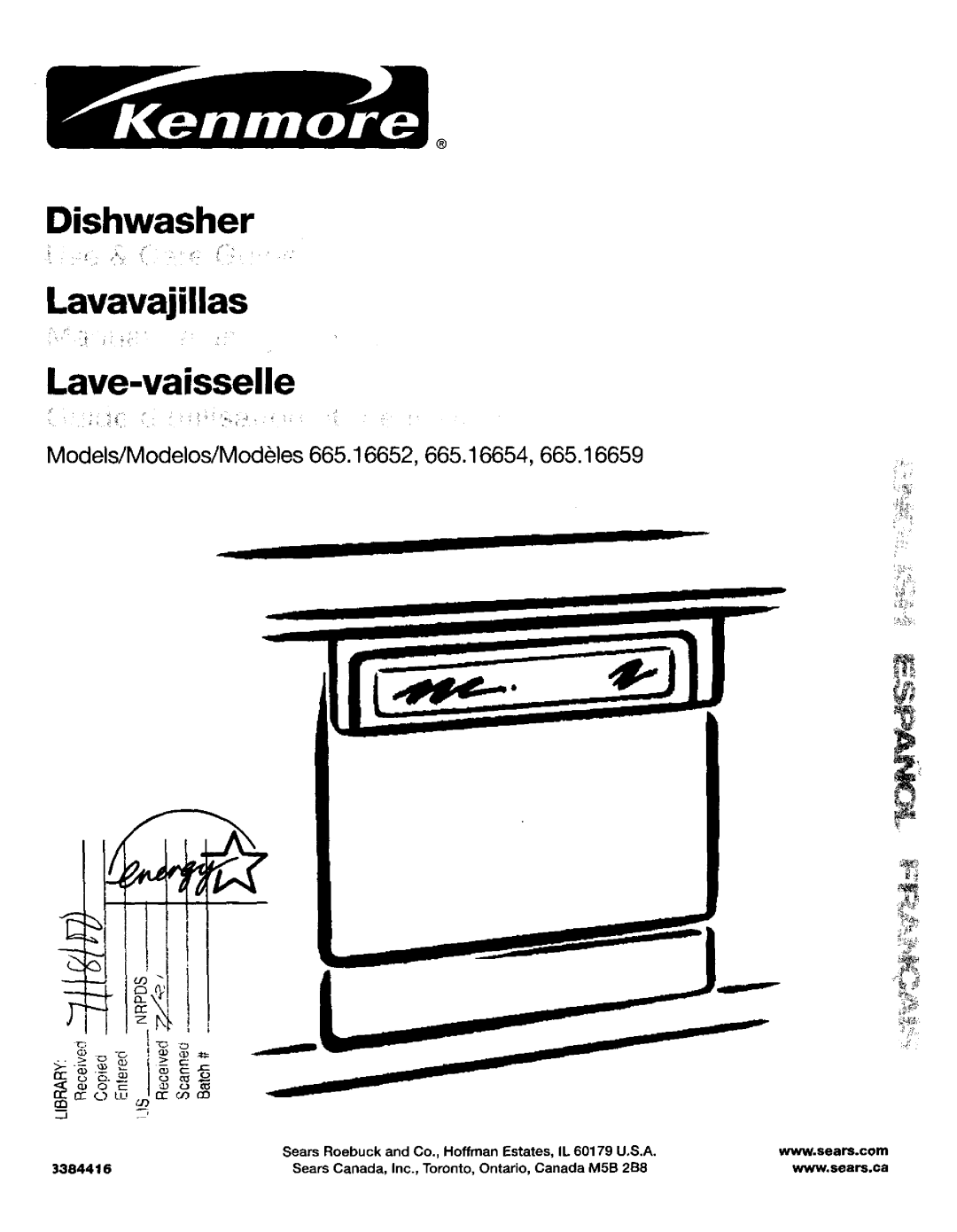 Kenmore 665.16659 manual Dishwasher Lavavajillas Lave-vaisselle, Models/Modelos/Modles 665.16652, 665.16654 