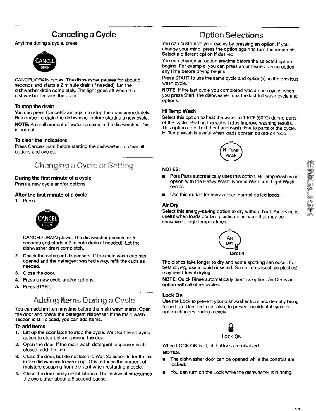 Kenmore 665.16659, 665.16652, 665.16654 manual Canceling a Cycle, Option leciions, To add items 