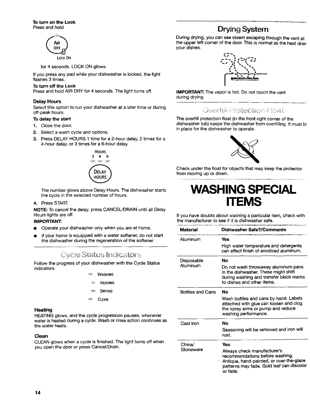 Kenmore 665.16654, 665.16652, 665.16659 manual Washing Special Items, Drying System 