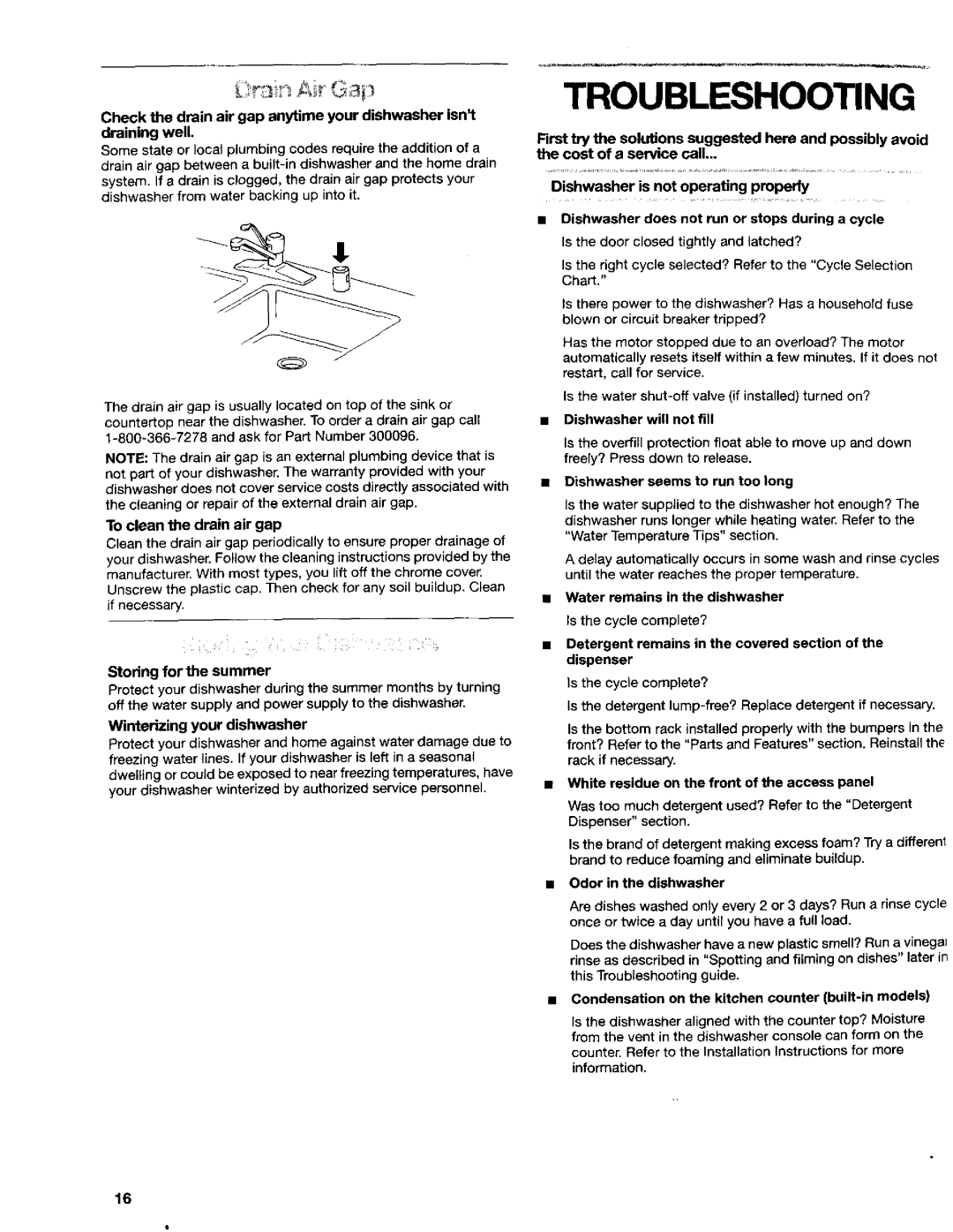 Kenmore 665.16659, 665.16652, 665.16654 manual Troubleshooting, To clean the drain air gap, Storing for the summer 