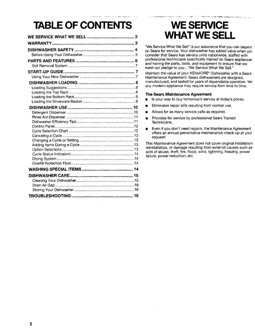 Kenmore 665.16654, 665.16652, 665.16659 manual Table of Contents, WE Service What WE Sell 