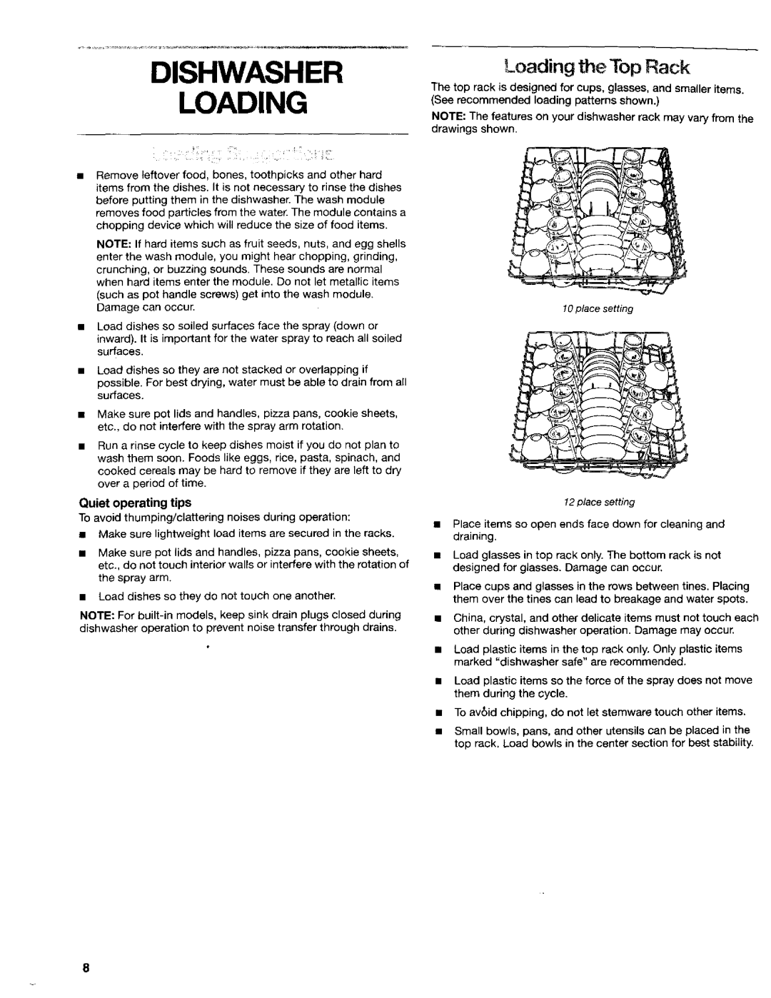 Kenmore 665.16654, 665.16652, 665.16659 manual Dishwasher Loading, Loading the Top Rack, Quiet operating tips 