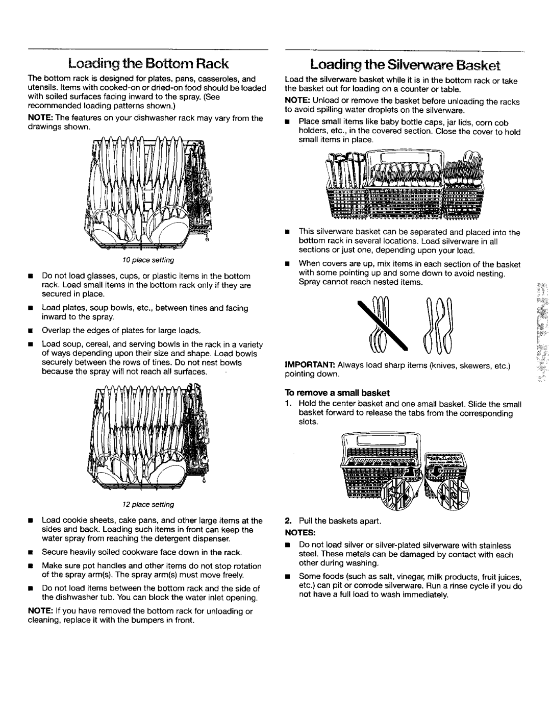 Kenmore 665.16652, 665.16659, 665.16654 Loading the Bottom Rack, Loading the Silverware Basket, To remove a small basket 