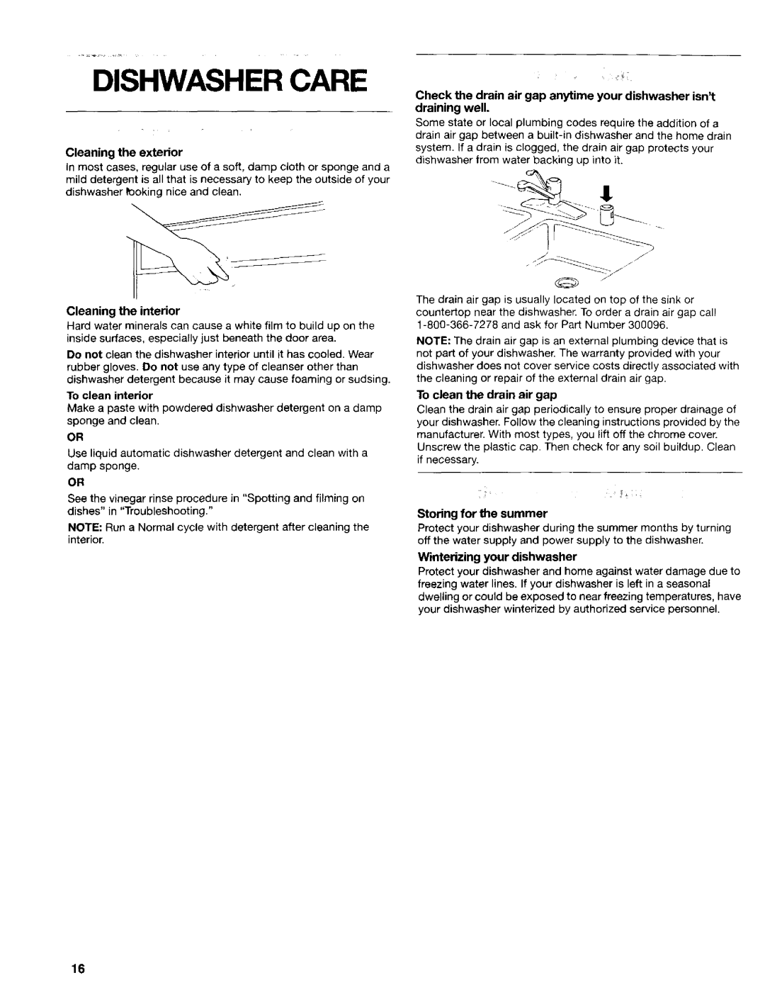 Kenmore 665.16719, 665.16717 Dishwasher Care, Cleaning the exterior, To clean the drain air gap, Storing for the summer 