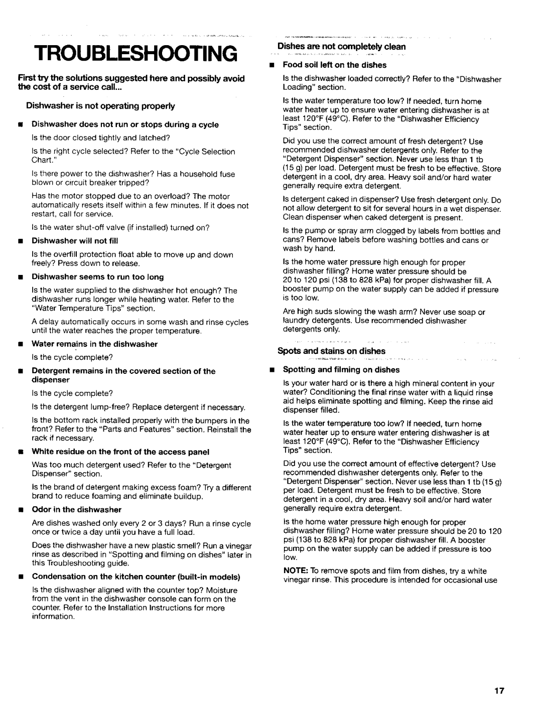 Kenmore 665.16717 manual Troubleshooting, Dishwasher seems to run too long, White residue on the front of the access panel 