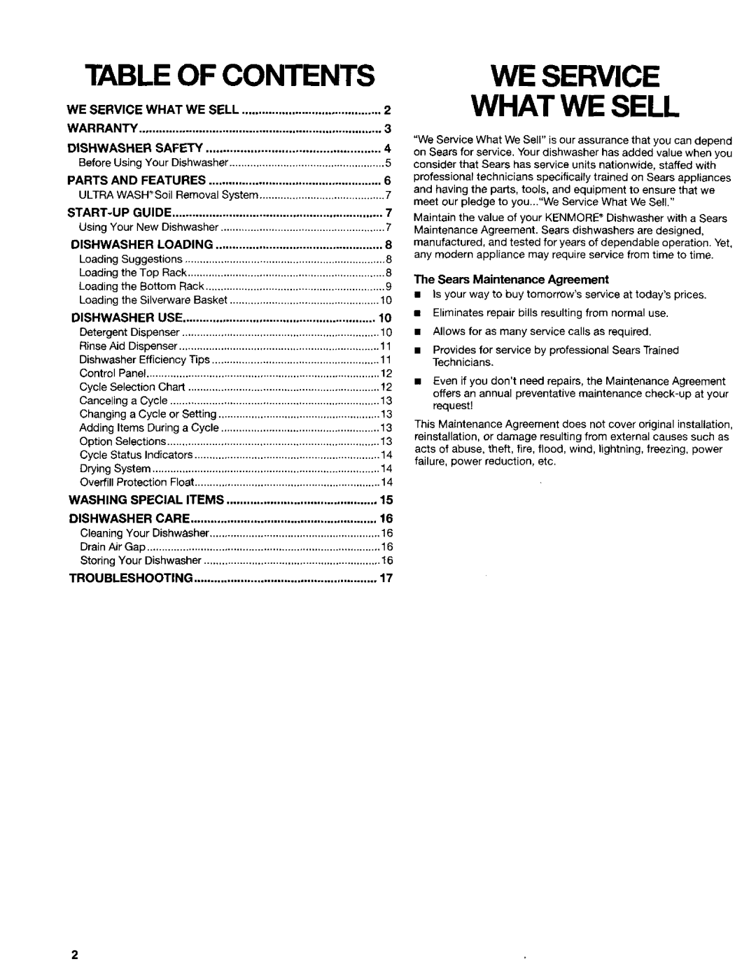 Kenmore 665.16714, 665.16719, 665.16717, 665.16712 manual Table of Contents, WE Service What WE Sell 