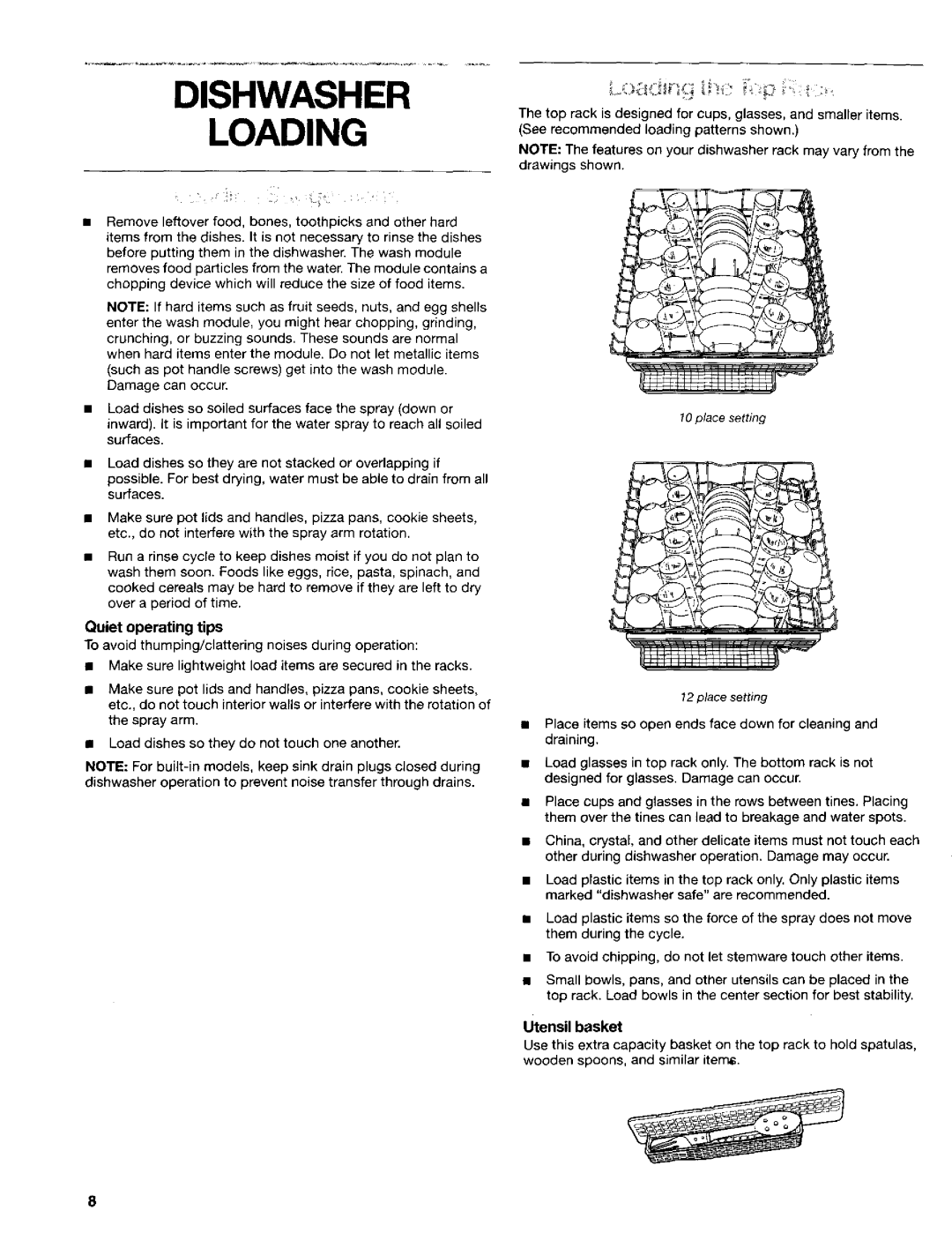 Kenmore 665.16719, 665.16717, 665.16714, 665.16712 manual Quiet operating tips, Utensil basket 