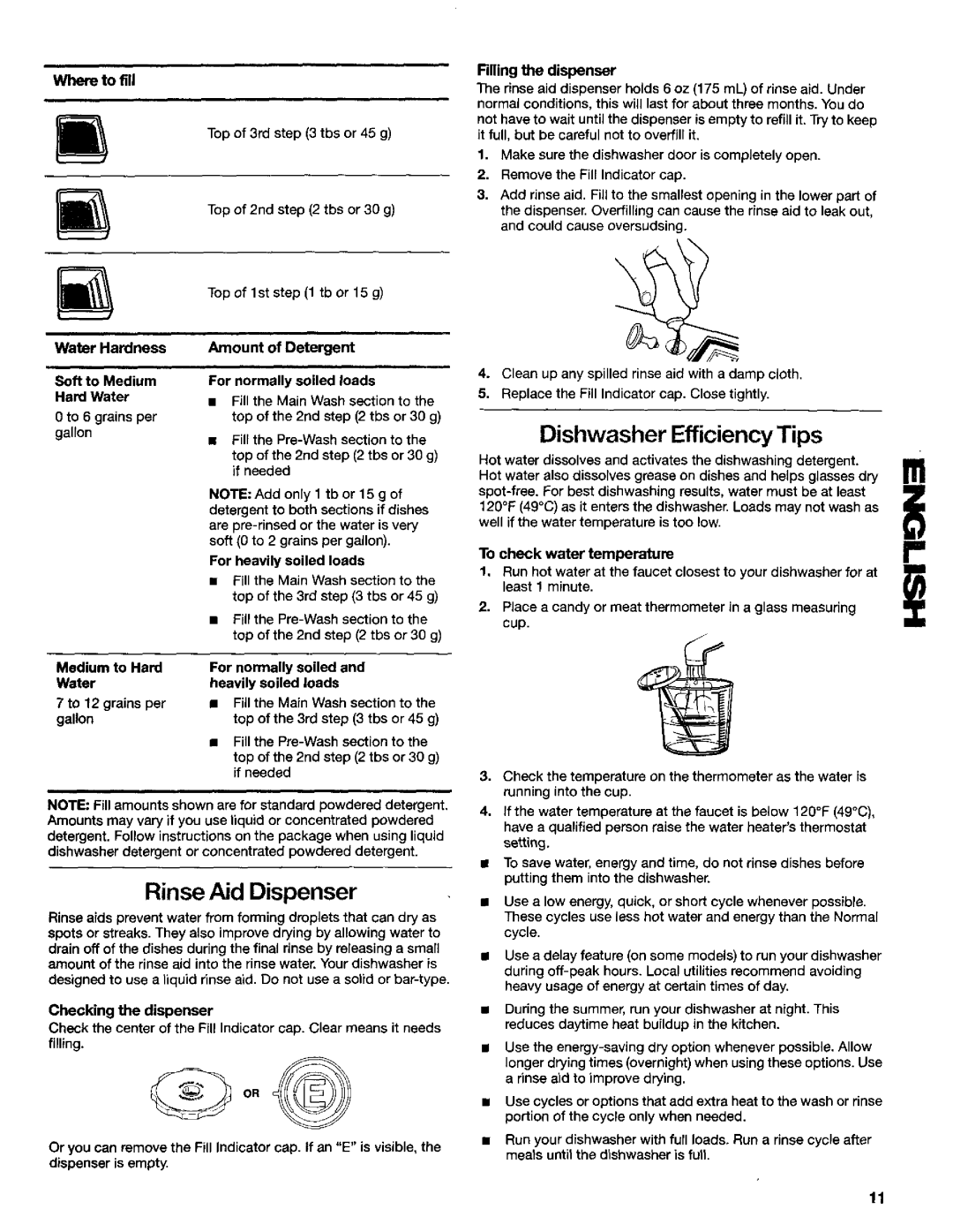 Kenmore 665.15734, 665.16734 Dishwasher Efficiency Tips, Rinse Aid Dispenser, Amount of Detergent, Checking the dispenser 