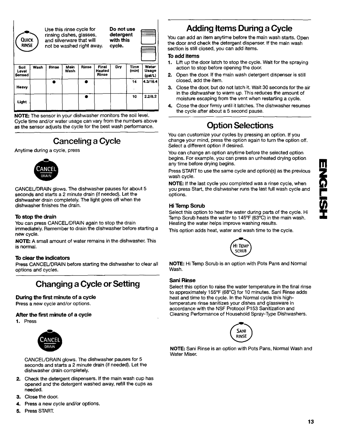 Kenmore 665.16739 manual Changing a Cycle or Setting, Adding Items During a Cycle, Option Selections, Canceling a Cycle 