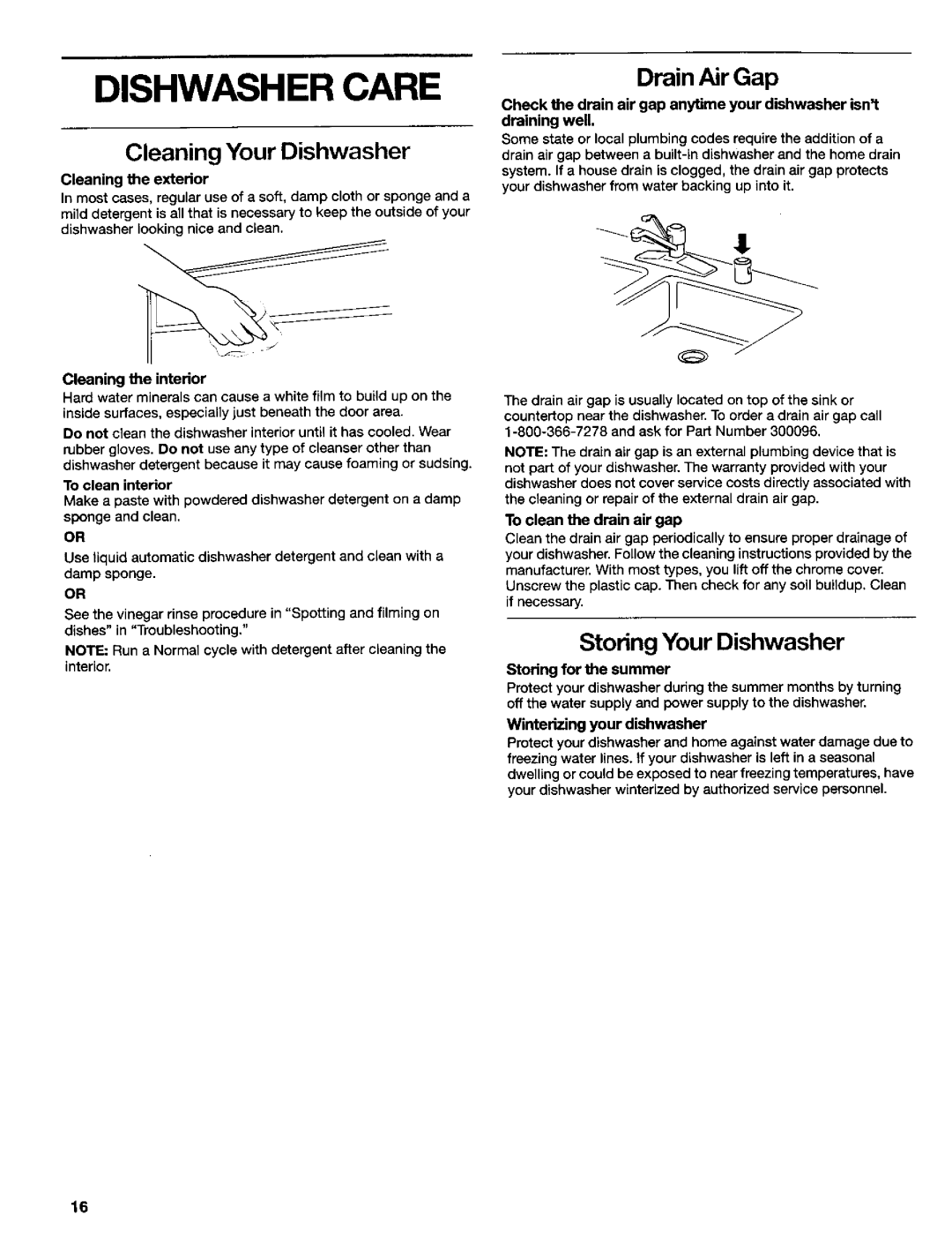 Kenmore 665.15732, 665.16734, 665.16739 Dishwasher Care, Drain Air Gap, Storing Your Dishwasher, Cleaning Your Dishwasher 