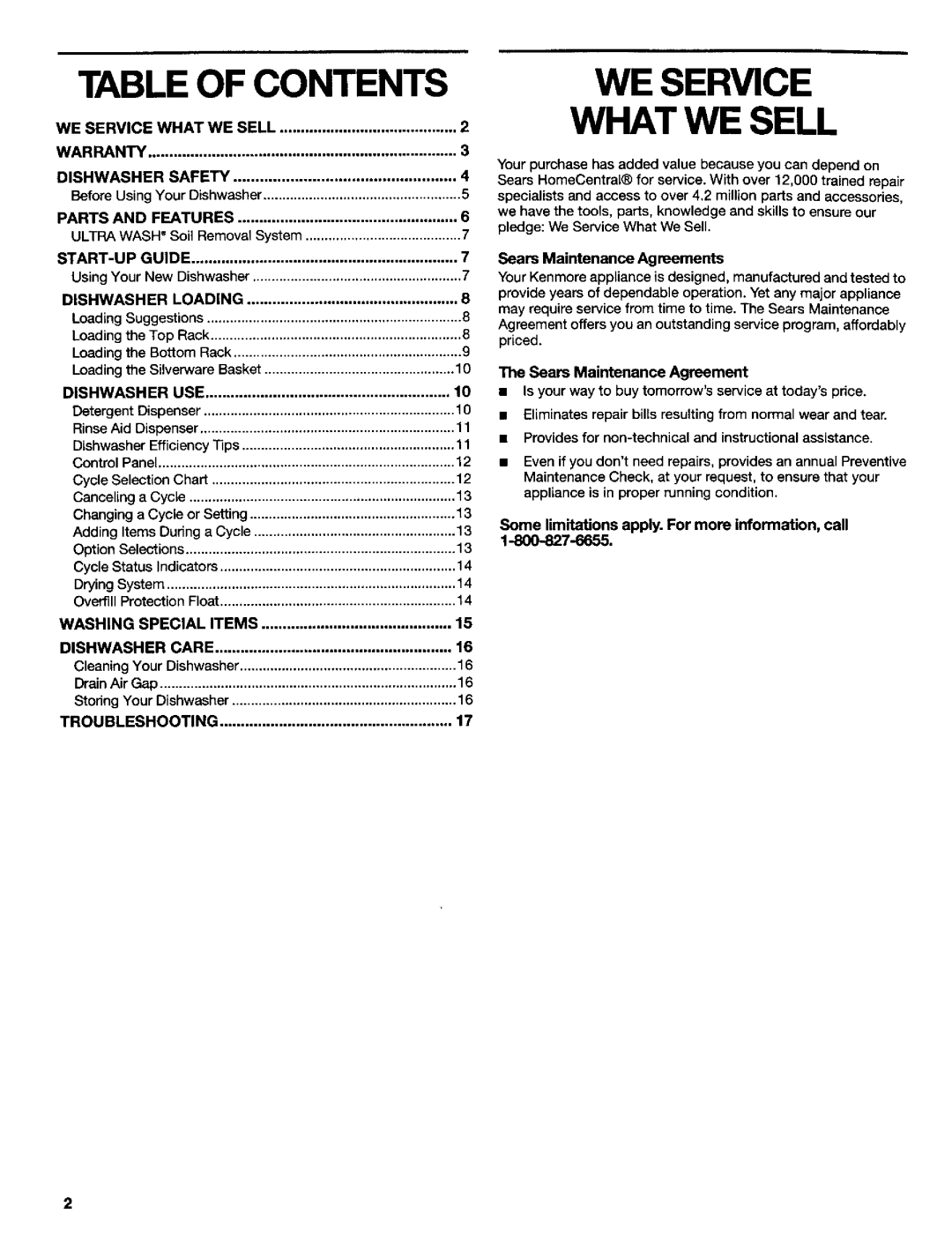 Kenmore 665.15737, 665.16734, 665.16739, 665.16732, 665.15732, 665.15734 manual Table of Contents, WE Service What WE Sell 