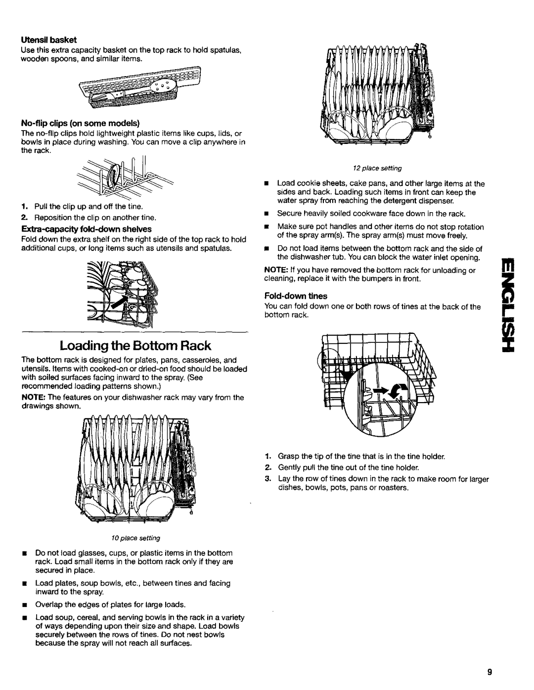 Kenmore 665.16732, 665.16734, 665.16739, 665.15737, 665.15732 manual Loading the Bottom Rack, Extra-capacity fold-downshelves 