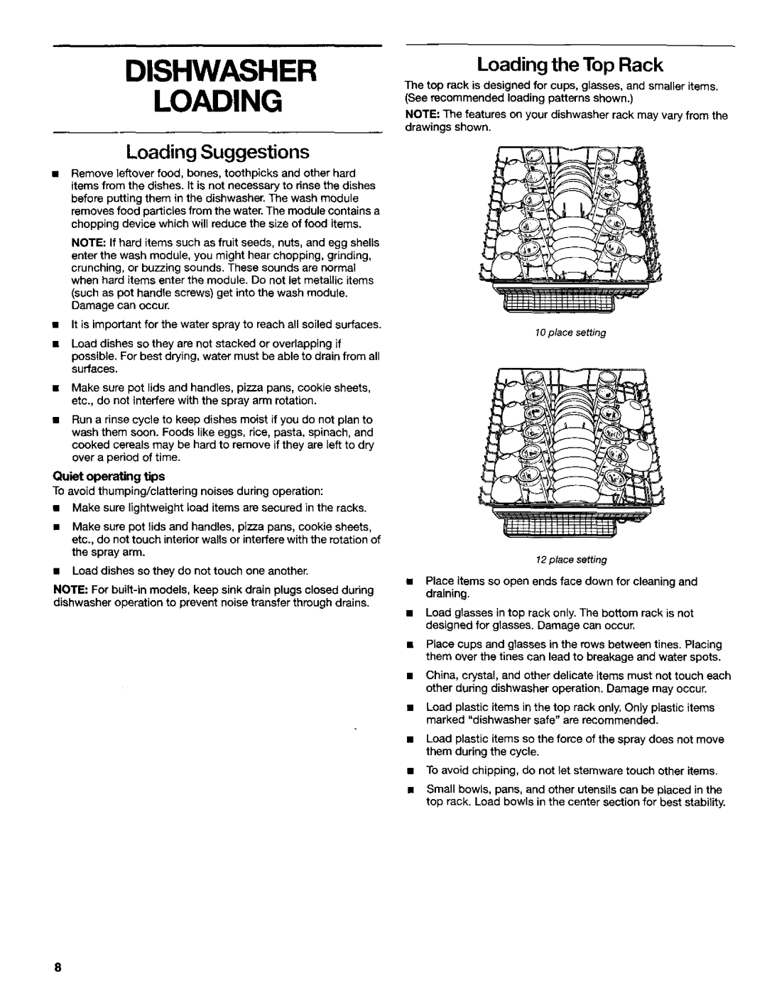 Kenmore 665.15737, 665.16734, 665.16739 manual Dishwasher Loading, Loading Suggestions, Loading the Top Rack, place setting 