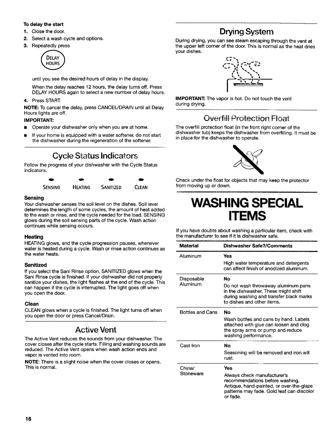 Kenmore 665.16837, 665.15839 manual Items, Drying System, Oveff lt Protection Float, Cycle Status Indicators, Active Vent 