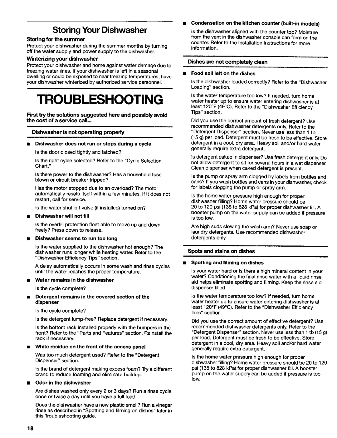 Kenmore 665.15832, 665.16837, 665.15839, 665.16834 manual Troubleshooting, Storing Your Dishwasher, Spots and stains on dishes 