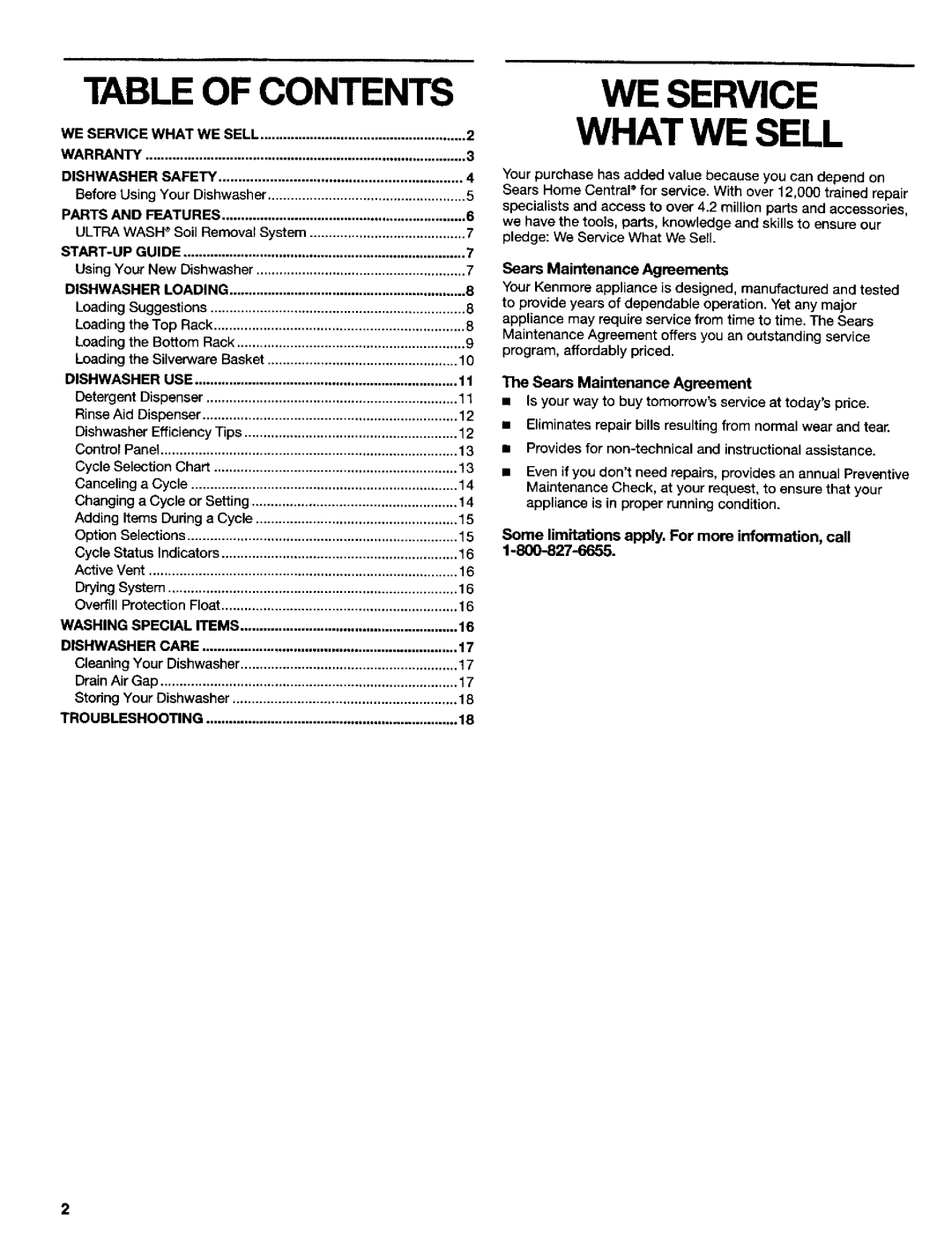 Kenmore 665.15832, 665.16837, 665.15839, 665.16834, 665.15834, 665.15837, 665.16832 Table of Contents, WE Service What WE Sell 